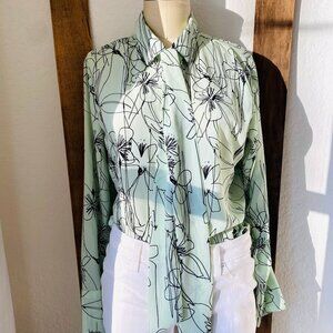 Refreshing Mint Green Floral Print Tie Neck Blouse – Size L
